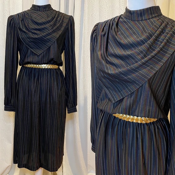 Vintage 70s Periwinkle Black Pinstripe Midi Dress w/ High Neck and Shawl Bodice - Picture 1 of 12